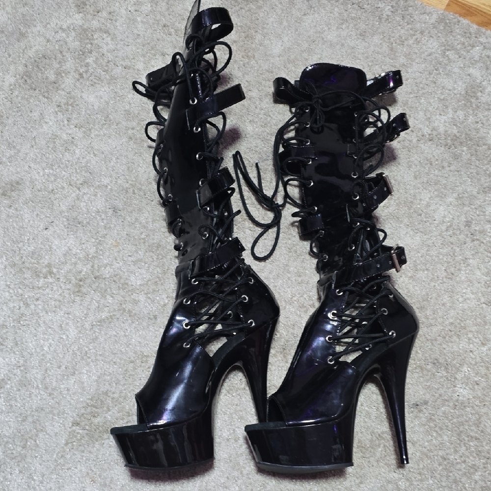 Pleaser Delight Black Patent Lace-Up Heels 8M 5UK 38EU - Picture 3 of 6